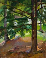 Luigi Lucioni, Pines and Birches, 1936, Oil on board