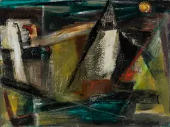 Reuben Tam, Sailboat and Moon, Monhegan, Oil on masonite