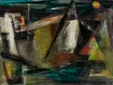 Reuben Tam, Sailboat and Moon, Monhegan, Oil on masonite
