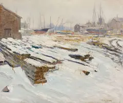 Caleb Arnold Slade, Winter Wharf, Oil on canvas