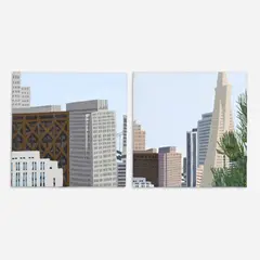 Judith Ellman, Transamerica Building through the Trees, 1989 Bay Bridge through the Buildings, circa 1989, oils on canvas