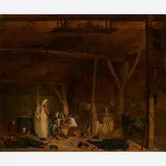 Stable interior with card players by Pierre-Antoine Mongin, Oil on canvas, sold Nov 2024