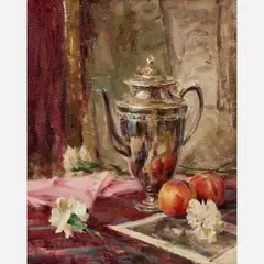 Peaches and Silver by John O. Encinias, 1995, Oil on board, sold Nov 2024