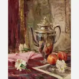 John O. Encinias, Peaches and Silver, 1995, Oil on board