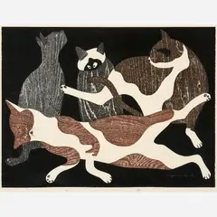 Cats, 1973 Color woodblock on paper 17 3/4" x 23 3/4 by Kiyoshi Saitō, Pencil, sold Nov 2024