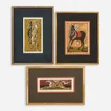 Tadashi Nakayama, Three Ema color woodblocks with embellishment on paper 1968, 1973, and 1980 9 1/2" x 5", 8 1/2" x 6 1/4", and 3" x 9 1/2", respectively Each is, pencil