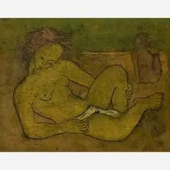 Ángel Botello, Untitled (Two Figures), Color linocut on paper