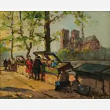 Georges Lapchine, Booksellers on the Seine (View of Notre Dame), circa 1940s, Oil on canvas