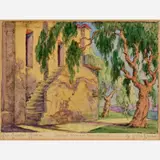 Orpha Klinker, San Gabriel Mission, circa 1930s, Hand-colored etching on paper