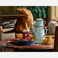 Duffy Sheridan, Breakfast table with orange tabby, Oil on canvas