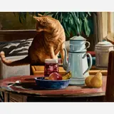 Duffy Sheridan, Breakfast table with orange tabby, Oil on canvas