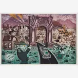 Warrington Colescott, Welcome to Watt Park, 1985, Color etching and aquatint on paper