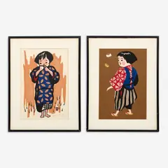 Children of Aizu, ca. 1947-50 Two color woodblocks on paper 15 1/4" x 10 1/4" (each) Both prints are by Kiyoshi Saitō, pencil, offered Jul 2023