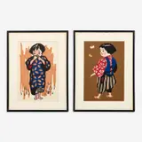Kiyoshi Saitō, Children of Aizu, ca. 1947-50 Two color woodblocks on paper 15 1/4" x 10 1/4" (each) Both prints are