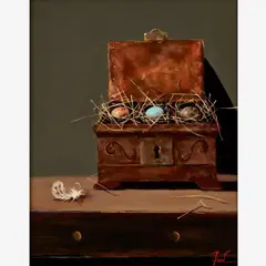 Treasure Nests by Cynde Roof, Oil on board, offered Feb 2023