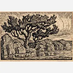 Sunshine Lake by Birger Sandzén, 1928, Linocut on paper, offered Jul 2022