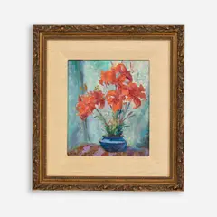 Daniel MacMorris, Tiger Lilies, Blue Vase, Oil on board