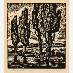 Birger Sandzén, Brook with Poplars, 1932, Linocut on paper