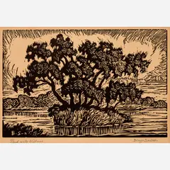 Pond with Willows by Birger Sandzén, 1930, Linocut on paper, sold Jun 2025