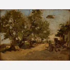 Ramon Call, Landscape with roadside figures, 1889, Oil on paper