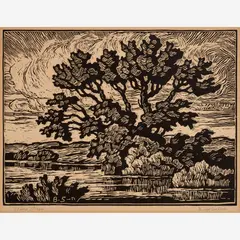 Prairie Stream by Birger Sandzén, 1939, Linocut on paper, sold Oct 2023