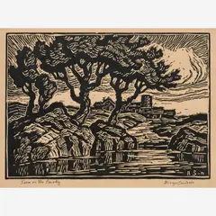 Farm on the Smoky by Birger Sandzén, 1935, Linocut on paper, sold Oct 2023