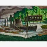 C. Whitney Bender, Untitled (Bayou Shack and Fishing Boat), 1948, Gouache on paper
