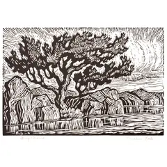 Sunshine Lake by Birger Sandzén, 1928, Linocut on paper, sold Oct 2023