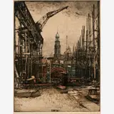 Luigi Kasimir, Stulkens Werft, 1924, Color etching and aquatint on paper