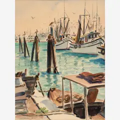 Morgan Dennis, Unloading Shrimp - Key West, 1956, Watercolor on paper