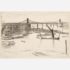 Old Hungerford Bridge, 1861/ by James Abbott McNeill Whistler, 1871, Etching and drypoint, offered May 2023