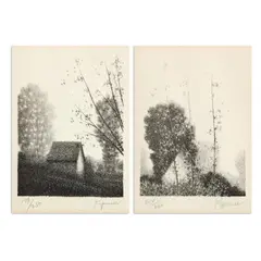 Two lithographs on paper Each 4 3/4" x 3 1/2" (mat window sizes) The Apple Shed, 1978 Summer Landscape, 1978 Each is by Robert Kipniss, pencil, offered May 2023
