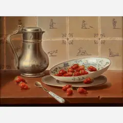 Delft Still Life with Strawberries by Eduard Peter Moleveld, 1970, Oil on canvas, offered Nov 2022