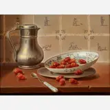 Eduard Peter Moleveld, Delft Still Life with Strawberries, 1970, Oil on canvas