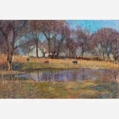 Jane Uren Scott, Untitled (River Landscape with Cows), Pastel on paper