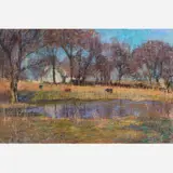 Jane Uren Scott, Untitled (River Landscape with Cows), Pastel on paper