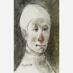 Somber Clown by Lester Raymer, 1988, Watercolor, charcoal, offered Oct 2021