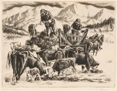 Winter Feeding by Irwin D. Hoffman, 1939, Etching on paper, offered Oct 2021