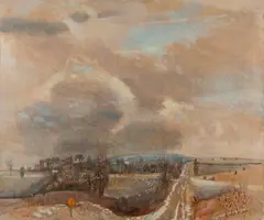 Gray Landscape with Yellow Sign by Robert Sudlow, 1973, Oil on canvas, offered Mar 2021
