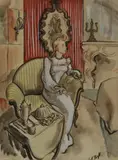 Arthur Mayfield Kraft, Girl in the Striped Chair, Watercolor on paper