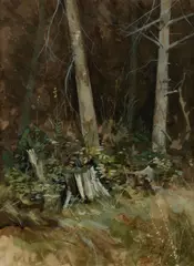 Stump and Two Trees by Don Fusco, 1975, Watercolor on paper, offered Mar 2021