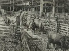 Kansas City Stockyards by Doug Osa, 1991, Etching on paper, offered Mar 2021