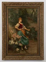 Daniel Hernández Morillo, Untitled (Young Woman with Watering Can), circa late 19th c., Oil on panel
