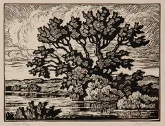 Prairie Stream by Birger Sandzén, 1939, Linocut on paper, offered Mar 2020