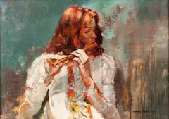 William Whitaker, Untitled (Woman Playing Flute), 1973, Oil on canvas