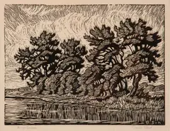Prairie Pond by Birger Sandzén, 1928, Linocut on paper, offered Mar 2020