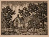 Blue Valley Farm by Birger Sandzén, 1929, Linocut on paper, offered Mar 2020