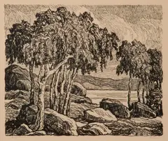 Birches by Birger Sandzén, 1924, Lithograph on paper, offered Mar 2020