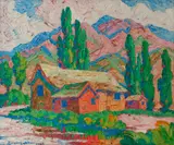 Birger Sandzén, Utah Farm Barns (Logan, Utah), 1929, Oil on board