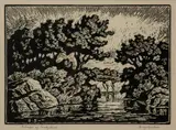 Glimpse of Smoky River by Birger Sandzén, 1948, Linocut on paper, offered Nov 2019